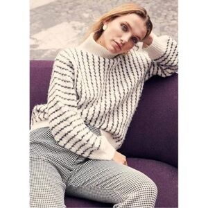 FRNCH Mock Neck Stripe Knit‎ Sweater Button Detail Black White Womens S